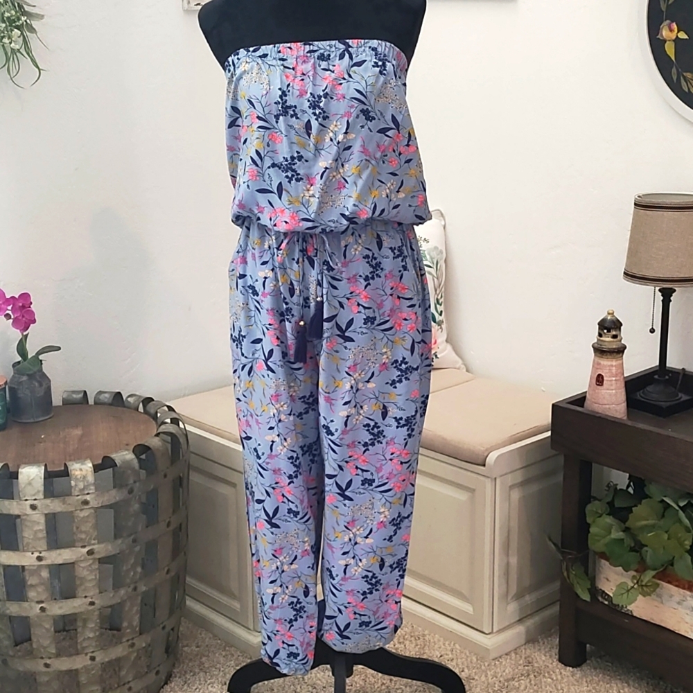 Spiaggia dolce size s floral strapless pant romper with elastic tassel tie waist